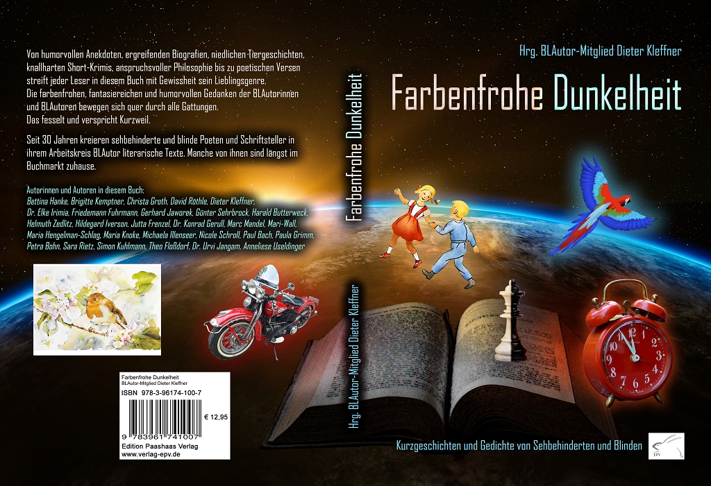 Das Buchcover zeigt zusätzlich zur Beschriftung ein aufgeschlagenes Buch vor dunklem Hintergrund, eine hellblaue Weltkugel, weiße Sterne